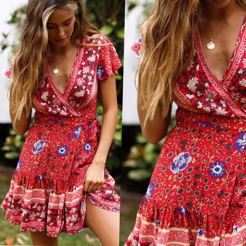 Red Mini Blue Floral Ruffle Wrap Dress - Picture 8 of 14